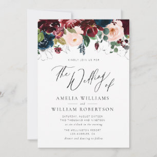 Convites casamento do marinho Burgundy com script elegante