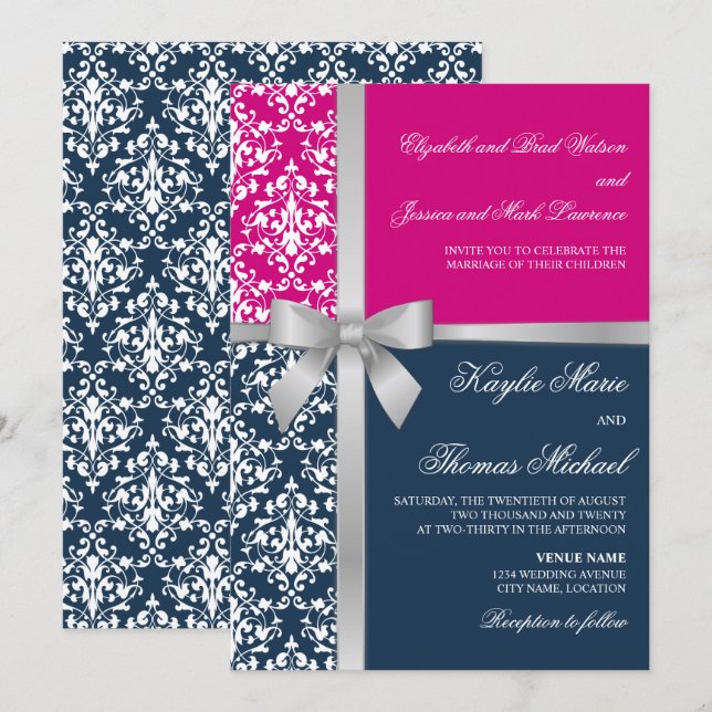 Convites Casamento do Marinho Faux Silver Fbon do Damask Fu (Frente/Verso)
