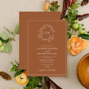 Convites Casamento do Modern Terracotta Leafy Crest Monogra