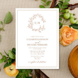 Convites Casamento do Modern Terracotta Leafy Crest Monogra