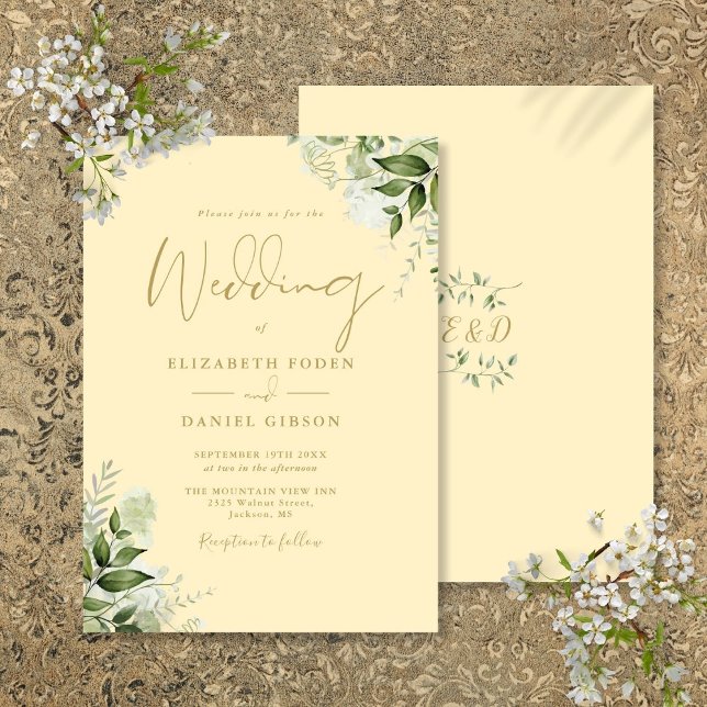 Convites Casamento do Monograma Amarelo Verde Amarelo (Buttercup Yellow Greenery Monogram Wedding Invitation)