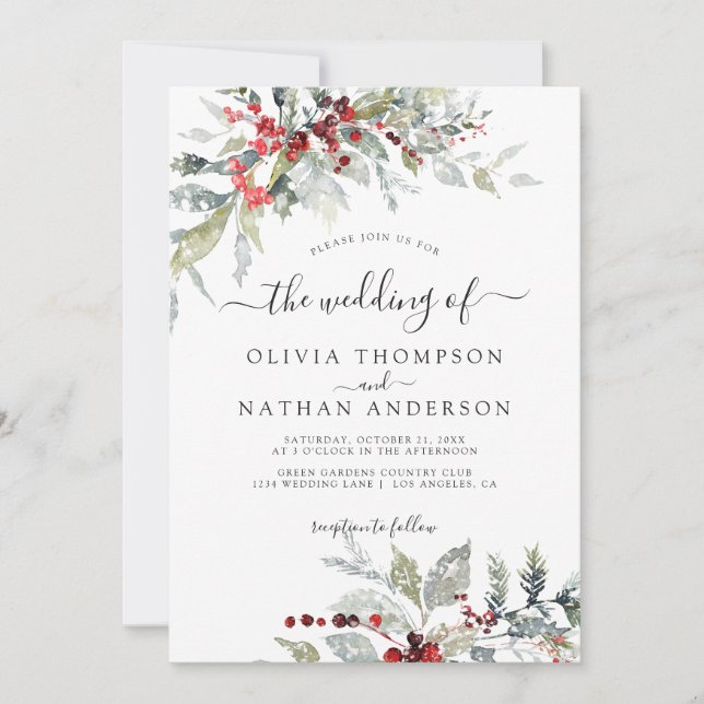 Convites Casamento do Monograma Botânico das Berries Snowy  (Frente)