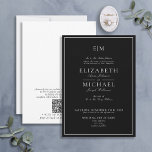 Convites Casamento do Monograma Clássico Branco Preto do Có<br><div class="desc">Seu casamento é um dos dias mais importantes da sua vida, então você quer que tudo seja perfeito. Isso inclui seus convites! Este Convite para Casamento do Monograma de Script Branco Branco Negro de Código QR Elegante é exatamente o que você precisa para definir o tom para seu dia especial....</div>