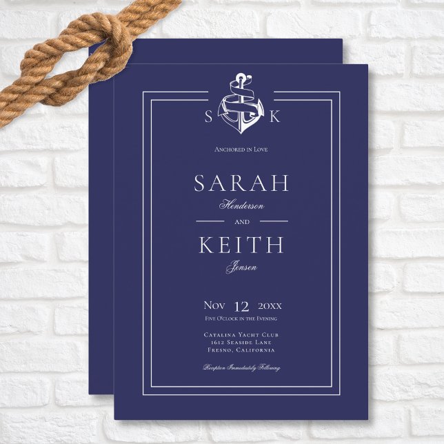 Convites Casamento do Monograma da Âncora Náutica marinho A (Navy Nautical Monogram Wedding Invitation)
