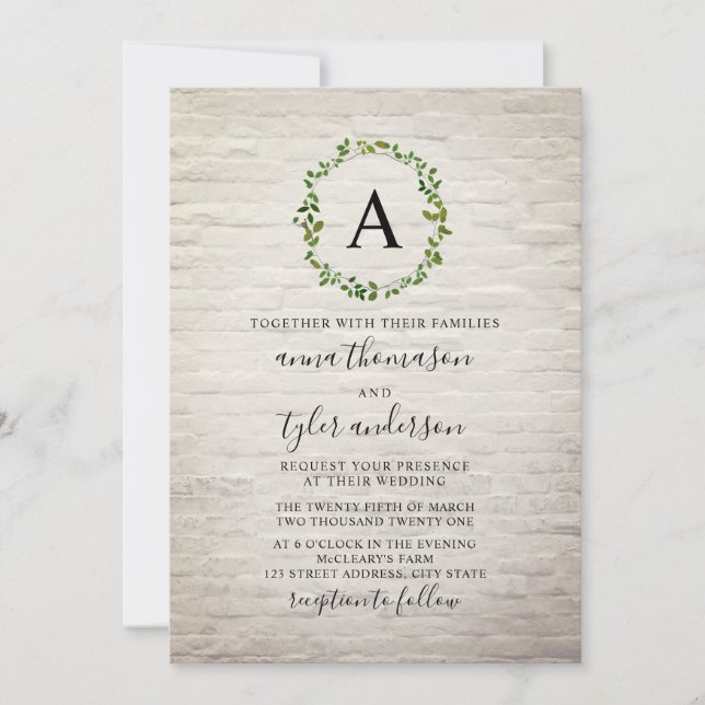 Convites Casamento do Monograma de Brick Wreath Branco (Frente)