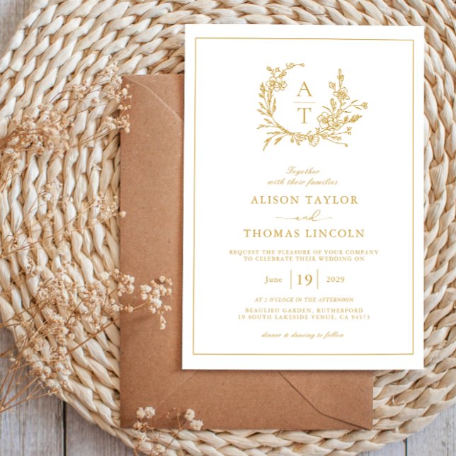 Convites Casamento do Monograma de Crest de Flor Selvagem D (Criador carregado)