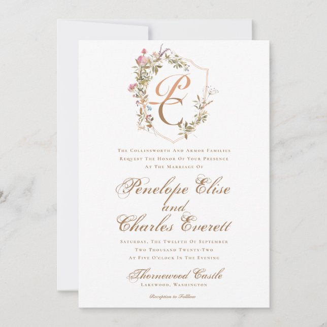 Convites Casamento do Monograma de Crest de Watercolor Eleg (Frente)