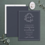 Convites Casamento do Monograma de Folha Azul Folha Marinho<br><div class="desc">Estamos amando esta moda, convite formal de casamento no Marinho Azul! Simples, elegante e tão bonito, ele apresenta uma coroa desenhada à mão rodeando um monograma moderno de casamento. Tradicional em termos de redação, apresenta os nomes dos pais que alojam o casamento, é personalizado em tipografia elegante, e acentuado com...</div>