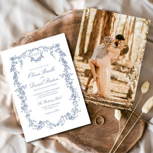 Convites Casamento do Monograma de Foto Azul Vitoriano Fran
