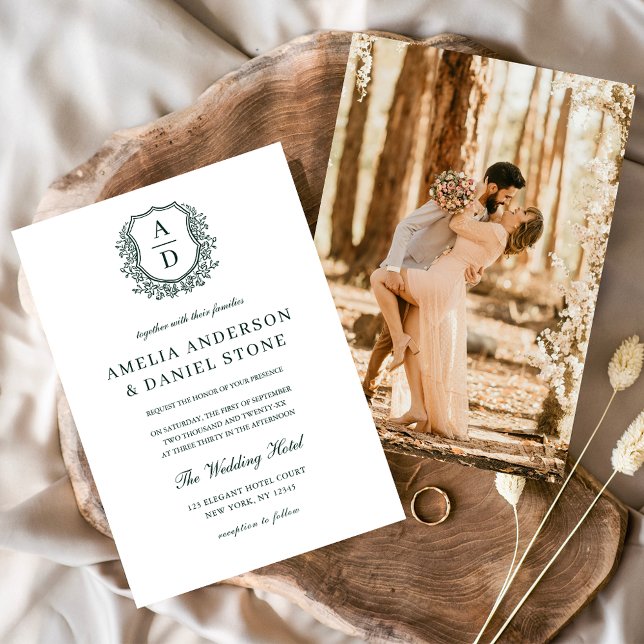 Convites Casamento do Monograma de Peste Floral Verde Escur (Criador carregado)