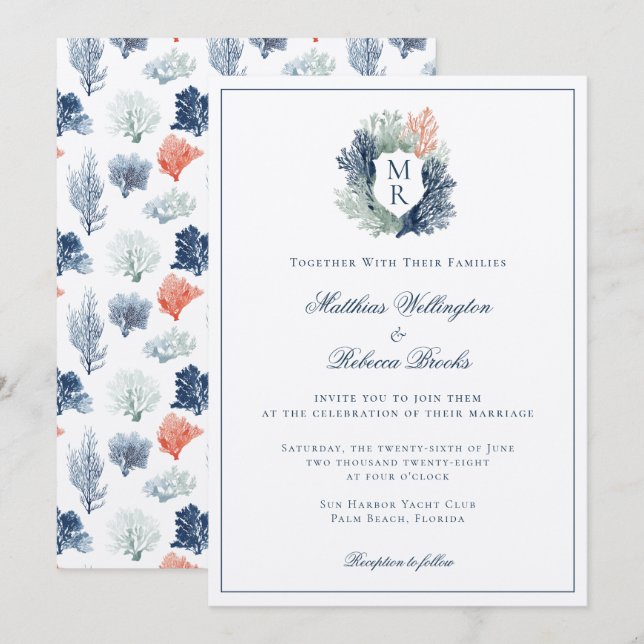 Convites Casamento do Monograma de Praia do Oceano Marinho  (Frente/Verso)