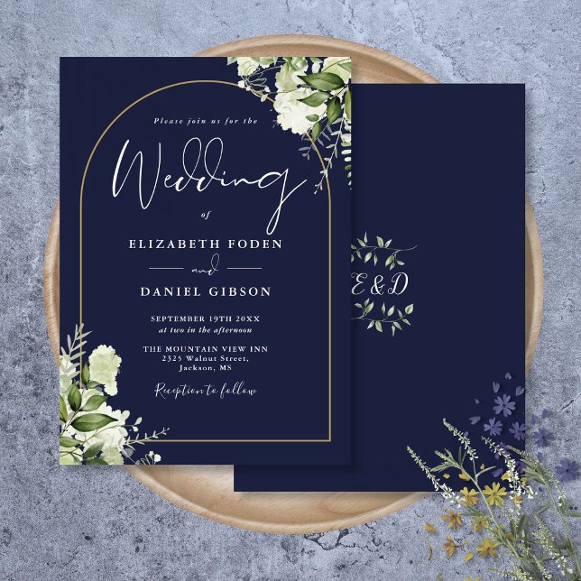 Convites Casamento do Monograma do Arco Dourado Verde marin (Navy Blue Greenery Gold Arch Monogram Wedding Invitation)