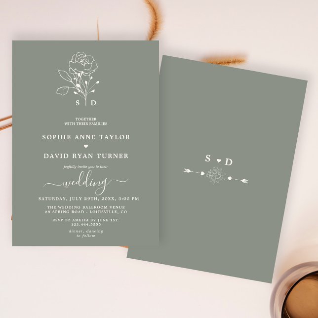 Convites Casamento do Monograma do Boho Verde da Elegante S (elegant modern trendy wedding invitation, boho sage green wedding invite, spring summer fall wedding)