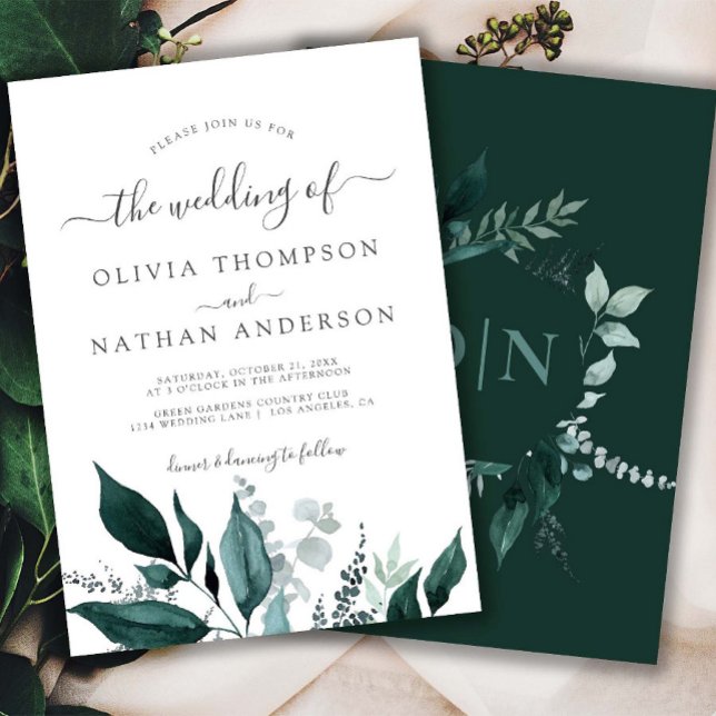 Convites Casamento do Monograma do Jardim Verde Emerald Gre (Emerald Greenery Wedding Invitation Woodland Marriage Green Leaves Foliage Botanical Rustic)