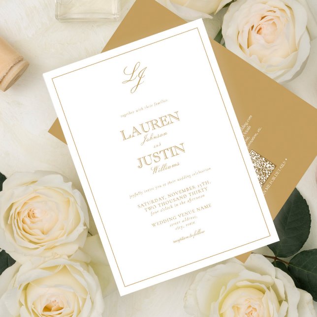 Convites Casamento do Monograma Dourado Clássico do Código  (Criador carregado)