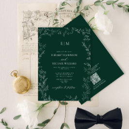 Convites Casamento do Monograma Elegante Emerald Green