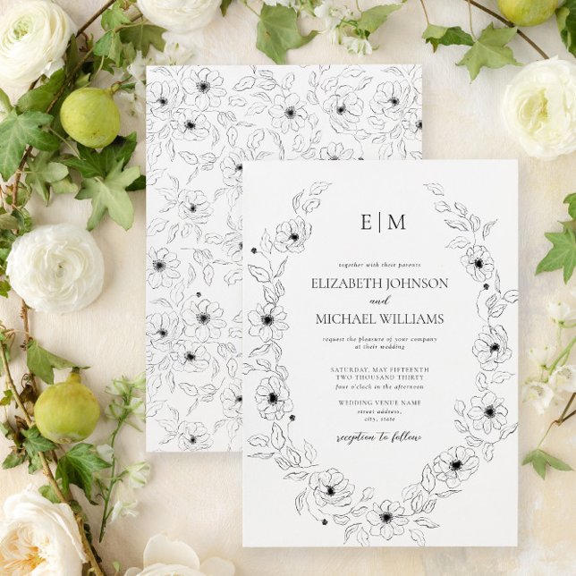 Convites Casamento do Monograma Floral Branco e Preto Elega (Easily personalize this floral wedding invite with your unique details for an elegant wedding)