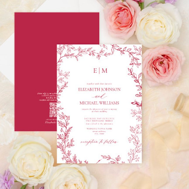 Convites Casamento do Monograma Magenta Elegante do Código  (Criador carregado)