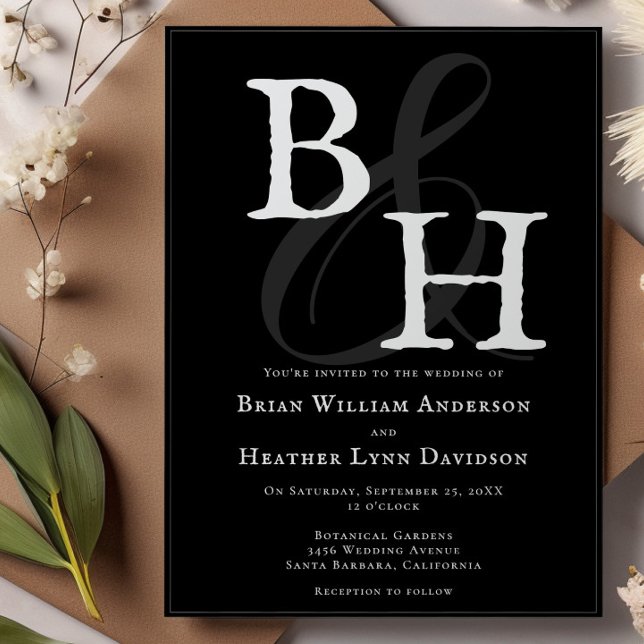 Convites Casamento do Monograma Minimalista Negro (Black Minimalist Monogram Wedding Invitation)