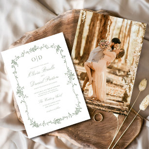 Convites Casamento do Monograma Verde de Foto do Victorian 