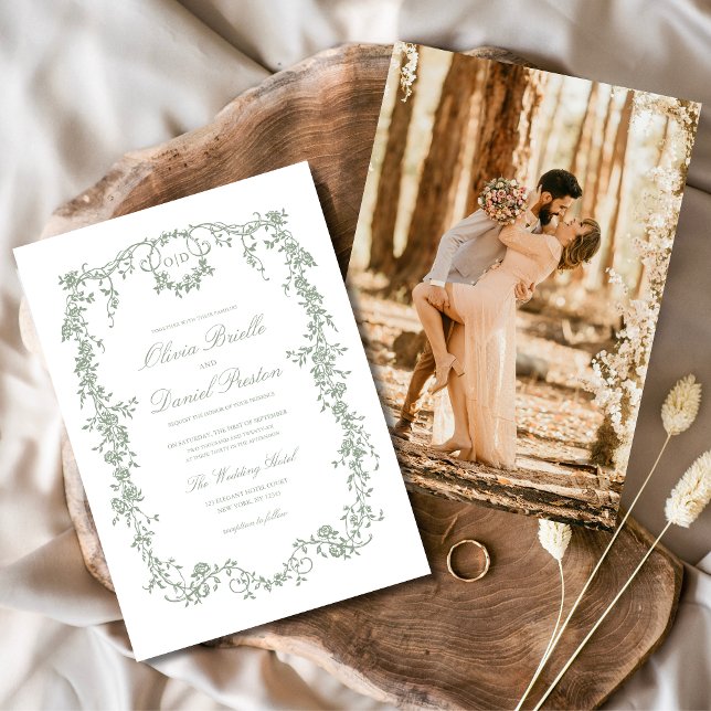 Convites Casamento do Monograma Verde de Foto do Victorian  (Criador carregado)
