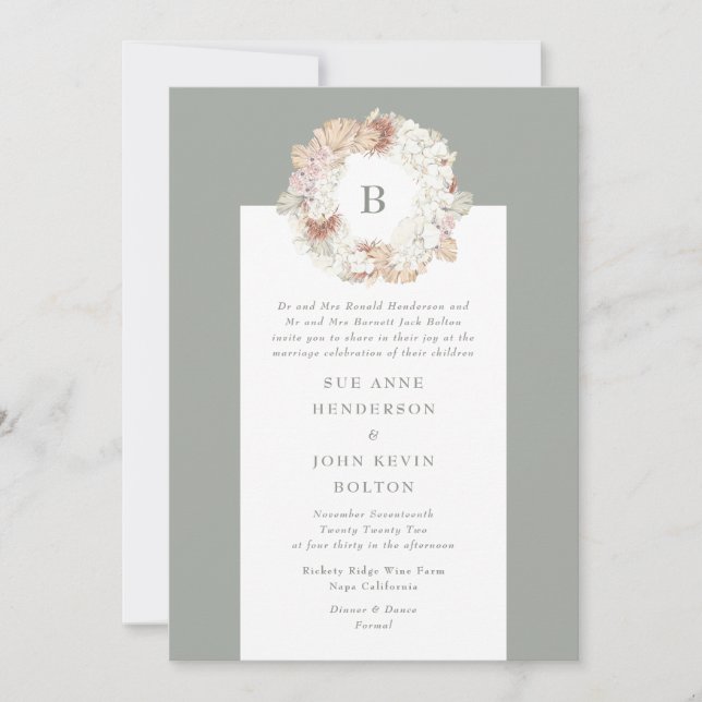 Convites Casamento do Monograma Verde de Pampas Wreath Moss (Frente)