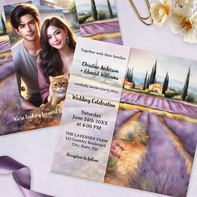 Convites Casamento do País da Fazenda Mediterrânica (Mediterranean wedding invitation showing a painting of the country side with lavender farm + QR code)