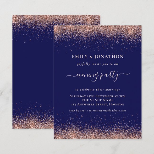 Convites Casamento do Partido rosa Dourado Marinho da Noite (Frente/Verso)