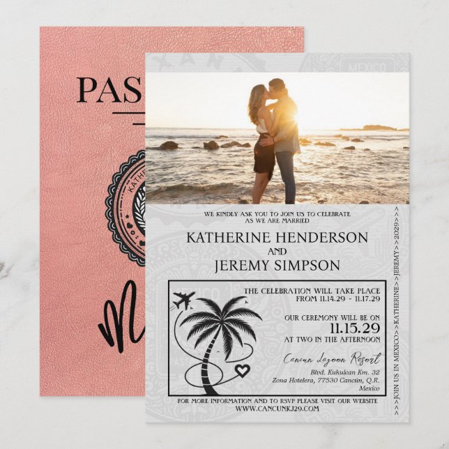 Convites Casamento do Passaporte do México no Dourado rosa (Frente/Verso)