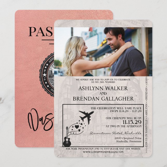 Convites Casamento do Passaporte Nashville, Dourado, rosa (Frente/Verso)