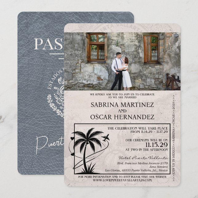 Convites Casamento do Passaporte Silver Puerta Vallarta (Frente/Verso)
