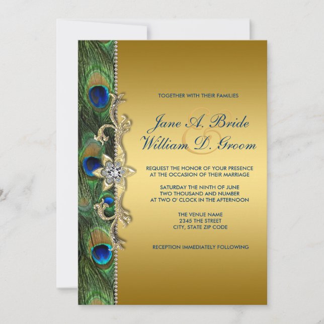 Convites Casamento do Pavão Verde Esmeralda e Dourado (Frente)