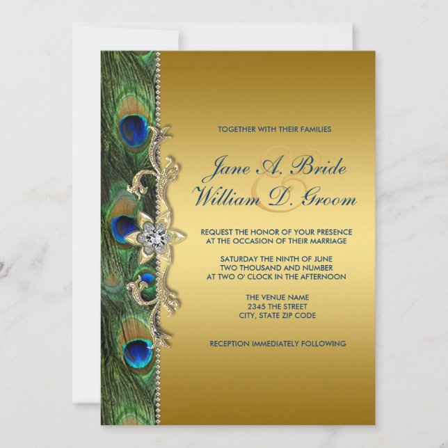 Convites Casamento do Pavão Verde Esmeralda e Dourado (Frente)