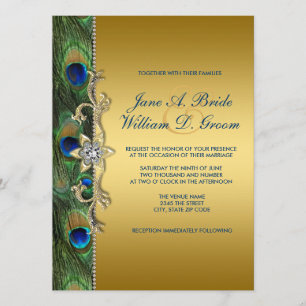 Convites Casamento do Pavão Verde Esmeralda e Dourado