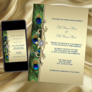 Convites Casamento do Pavão Verde Esmeralda e Dourado