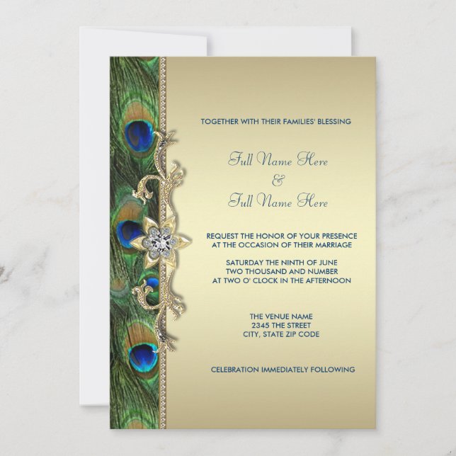 Convites Casamento do Pavão Verde Esmeralda e Dourado (Frente)
