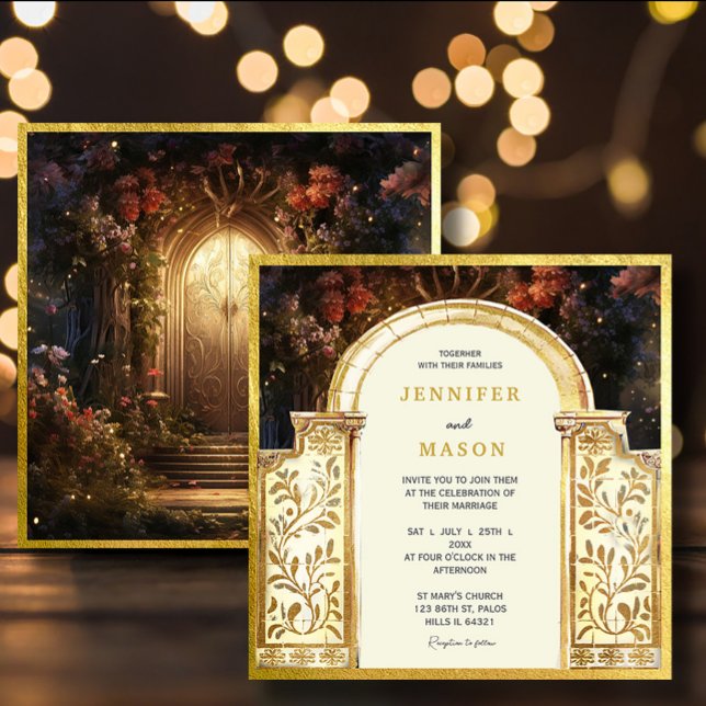 Convites Casamento do Portão do Jardim Encantado (Enchanted Garden Gate Wedding Invitation #zazzlemade #dreamyinvitation #gardengatewedding#decorative)
