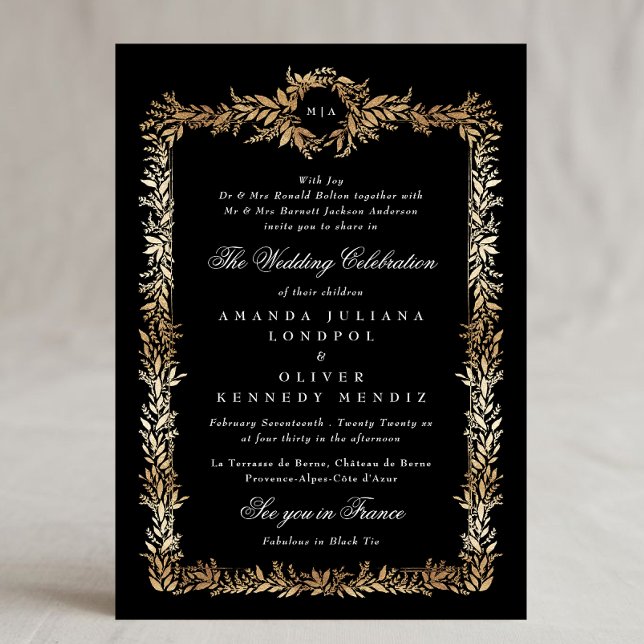 Convites casamento do quadro botânico de ouro de tuxedo (Criador carregado)