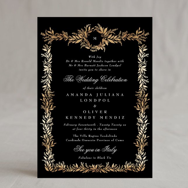 Convites casamento do quadro botânico preto e dourado (Criador carregado)