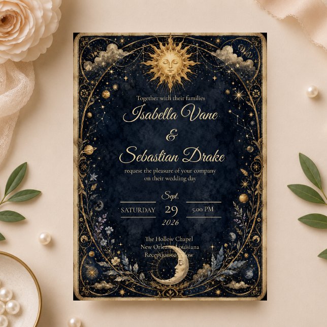 Convites Casamento do Sol Lua Vintage Celestial (Criador carregado)