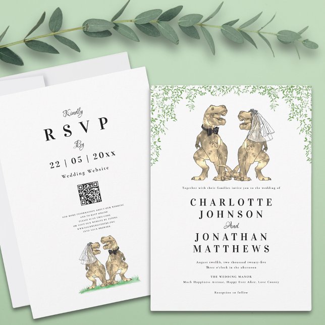 Convites Casamento do Tema do Dinossauro Moderno Minimalist (Botanical dinosaur theme wedding invitation with qr code and T-Rex bride and groom)
