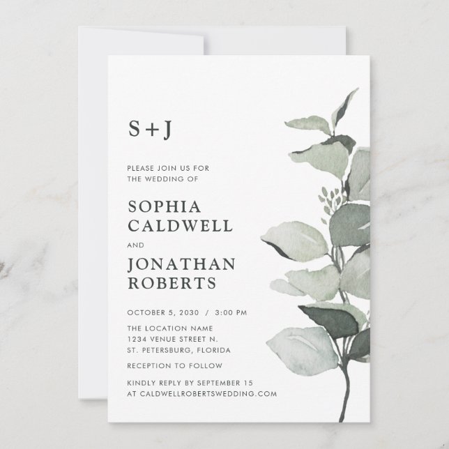 Convites Casamento do website RSVP Eucalyptus Sage Monogram (Frente)