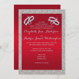 Convites Casamento dos Anéis Ruby Red & Sparkly Silver