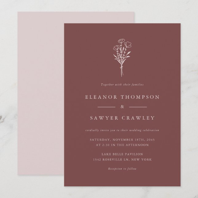 Convites Casamento dos Botânicos Minimalistas Mauve (Frente/Verso)