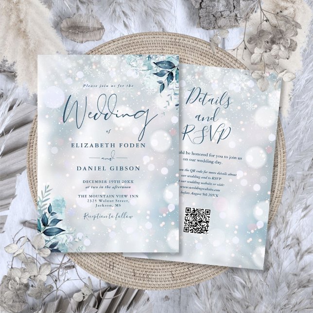 Convites Casamento dos Flocos de Neve Florais de inverno Có (Winter Floral Snowflakes QR Code Wedding Invitation)