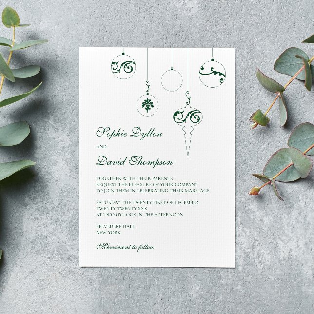 Convites Casamento dos ornamentos de natal verde do inverno (Winter Wedding Christmas Baubles Wedding Invitation - Pine Green)