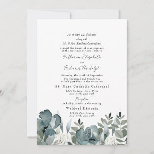 Convites Casamento dos Pais com Floral Azul Poeirento Elega