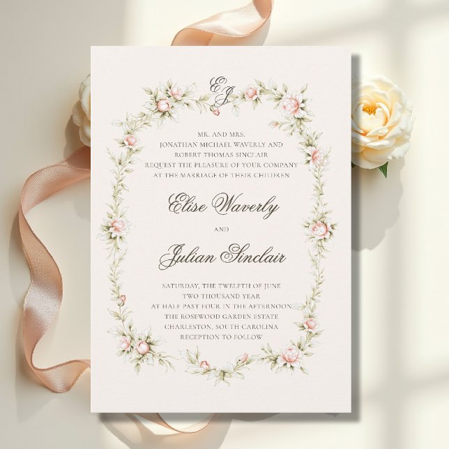 Convites Casamento dos Pais com Jardim Vintage e Rosa Etére (vintage garden ethereal blush floral wedding invitation parents romantic regency jane austin castle)