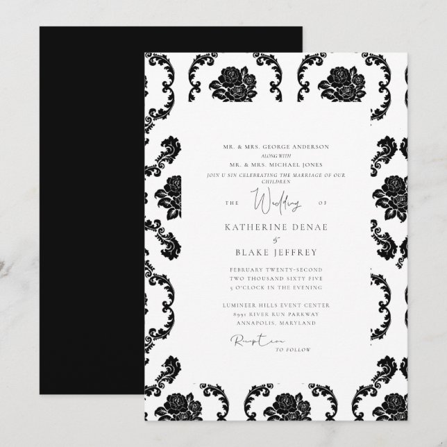 Convites Casamento dos Pais em Damasco Preto e Branco (Frente/Verso)