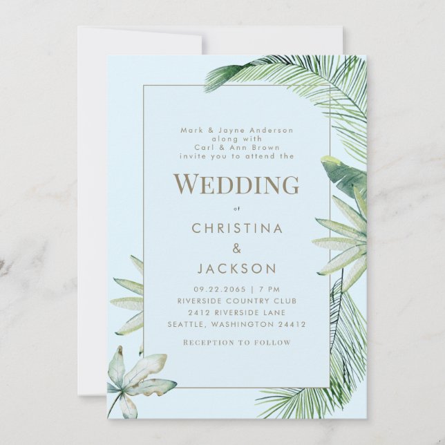 Convites Casamento dos Pais Tropicais Icy Blue Greenery (Frente)